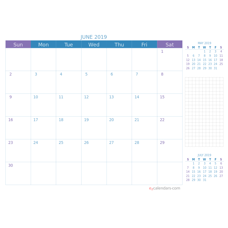 Blue and purple monthly calendar with a view of the previous and next months