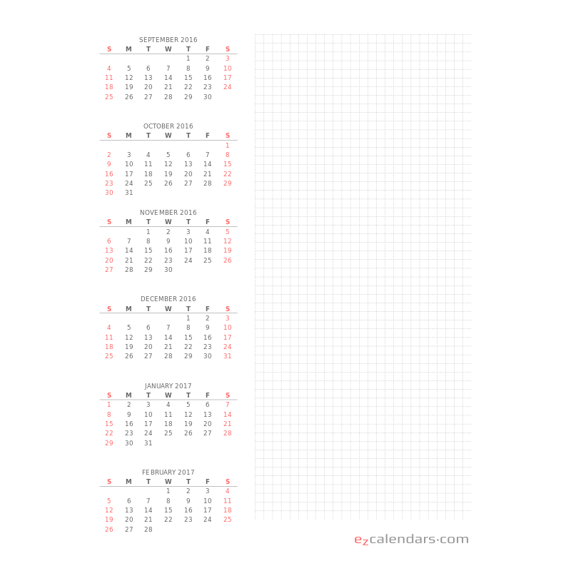 Six month calendar with plenty of space for notes. EzCalendars