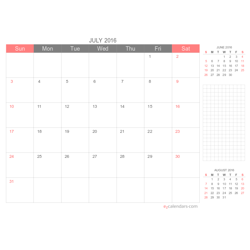 Monthly calendar with a view of the previous and next months, landscape.