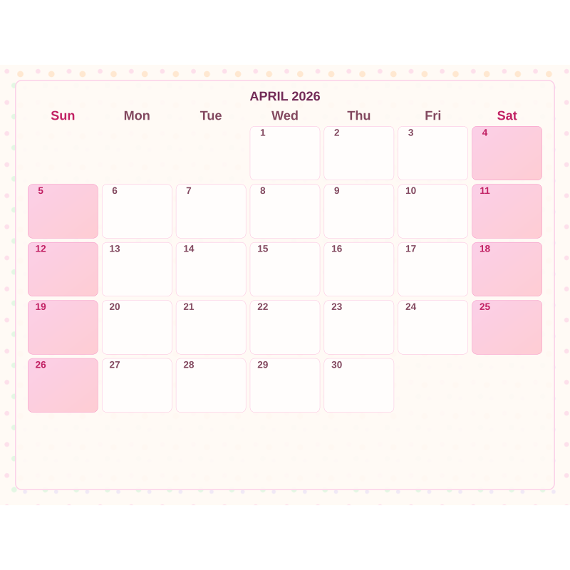 Floral pill-style monthly calendar, landscape